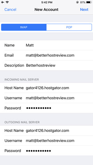 hostgator email settings samsung galaxy